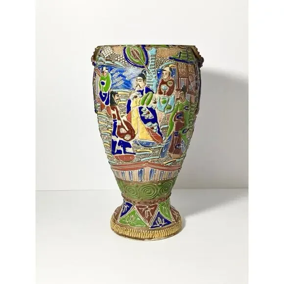 Japanese Meiji Period Satsuma-Style Moriage Ceramic Open Vessel, Scholars 13.5”